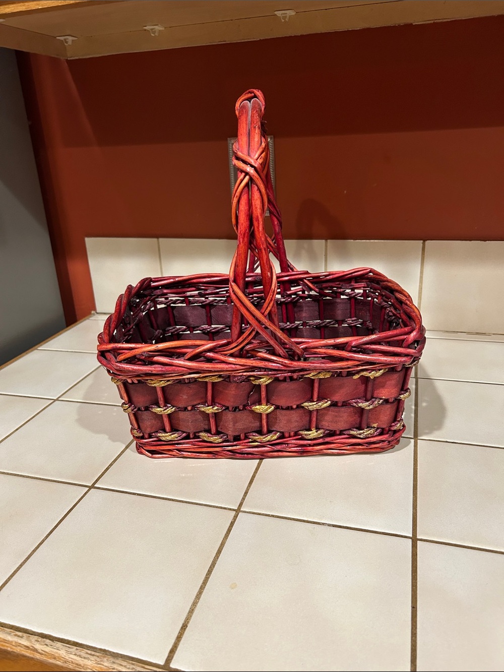 Red with Gold Accents Woven Handled Basket - Decorative Storage Tote